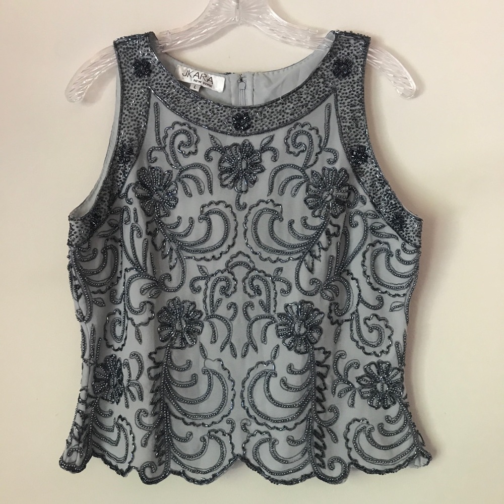 JKara Gray Beaded Floral Sleeveless Scallop Hem Blouse Size Large - Picture 2 of 9